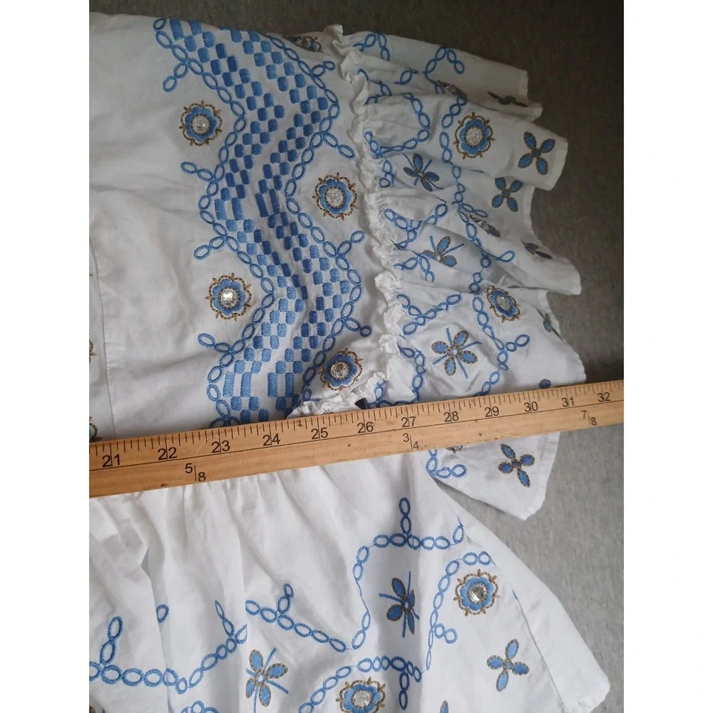 Pure Collection Top Small Embroidered Eyelet Peasant Cottage Boho Tasseled